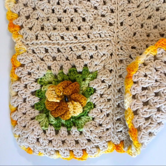 Handmade Crochet Granny Square Purse Beige Gold NWOT Boho Hippie Tote Cotton - Picture 5 of 6